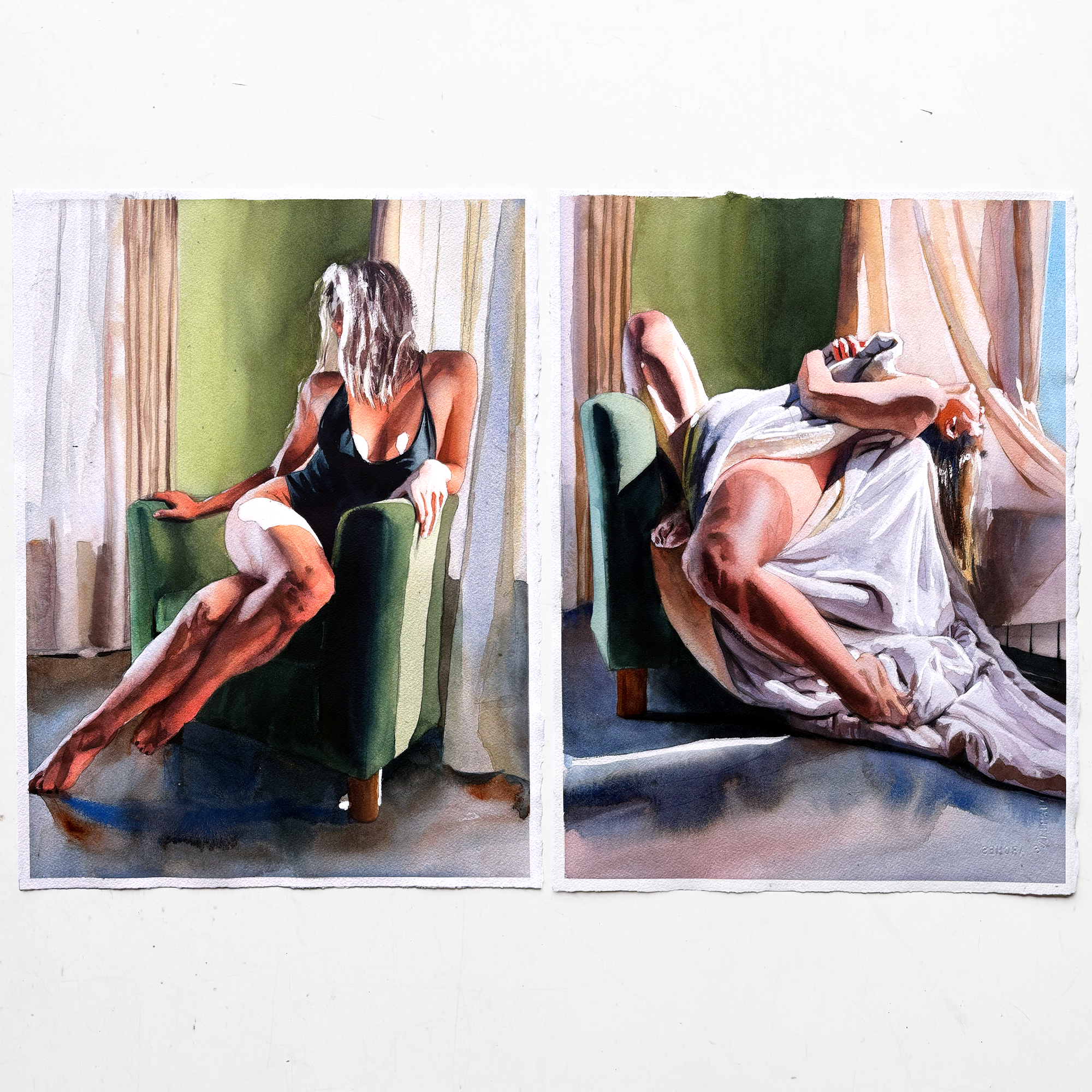 Watercolor diptych of Trinidad reclining in a domestic interior